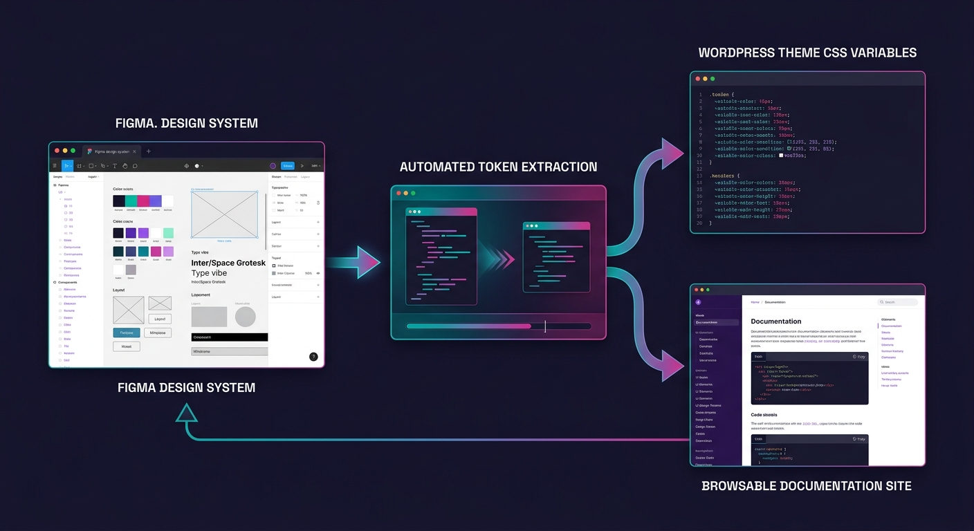 A workflow diagram showing three stages — Figma design system on the left feeding into automated token extraction in the middle, which outputs to both a WordPress theme's CSS variables and a browsable