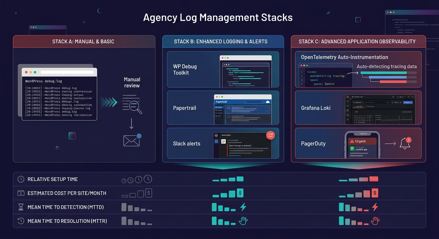 An infographic comparing three agency log management stacks side by side — Stack A using WordPress debug.log plus manual review, Stack B using WP Debug Toolkit plus Papertrail plus Slack alerts, and S