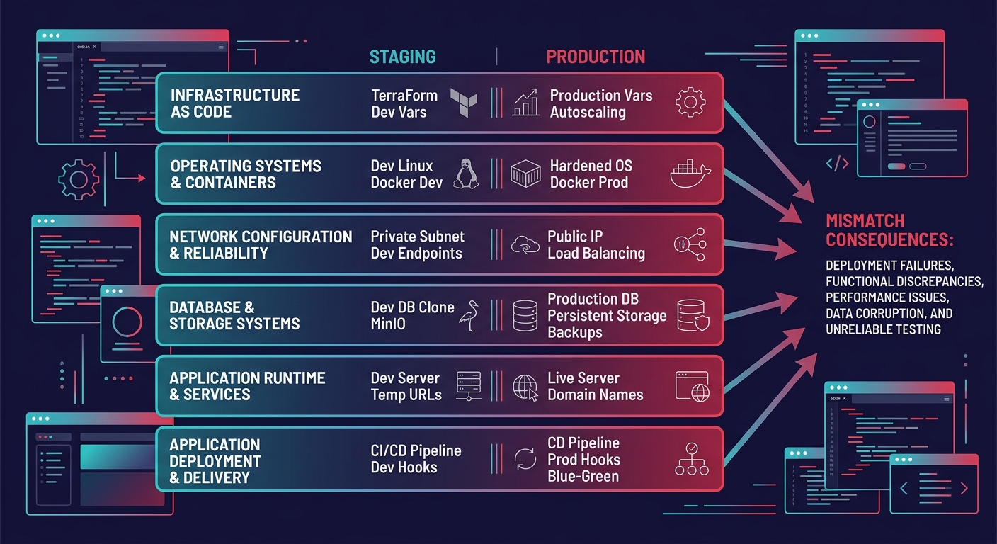 An infographic showing the six infrastructure layers as stacked horizontal bars, each bar split into staging and production sides with different configurations listed, with arrows pointing to mismatch