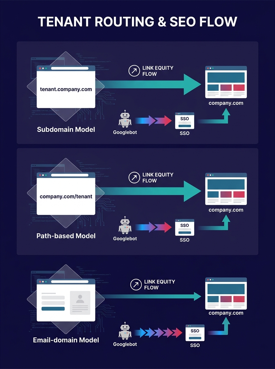 infographic showing three tenant routing models — subdomain, path-based, and email-domain — with arrows indicating how link equity flows in each model and where Googlebot encounters redirect chains du