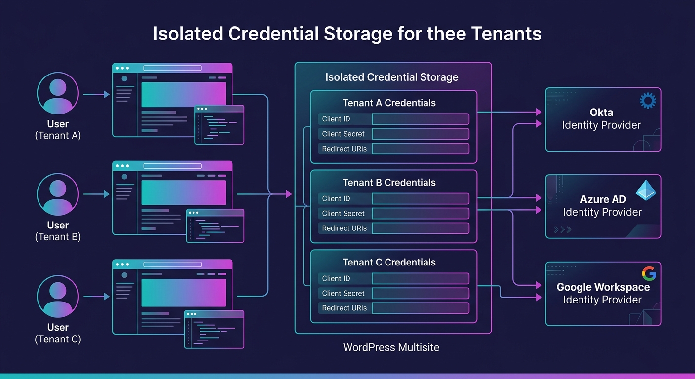 diagram showing isolated credential storage for three tenants within a WordPress Multisite database, with separate OAuth client IDs, secrets, and redirect URIs per tenant, each connected to their resp