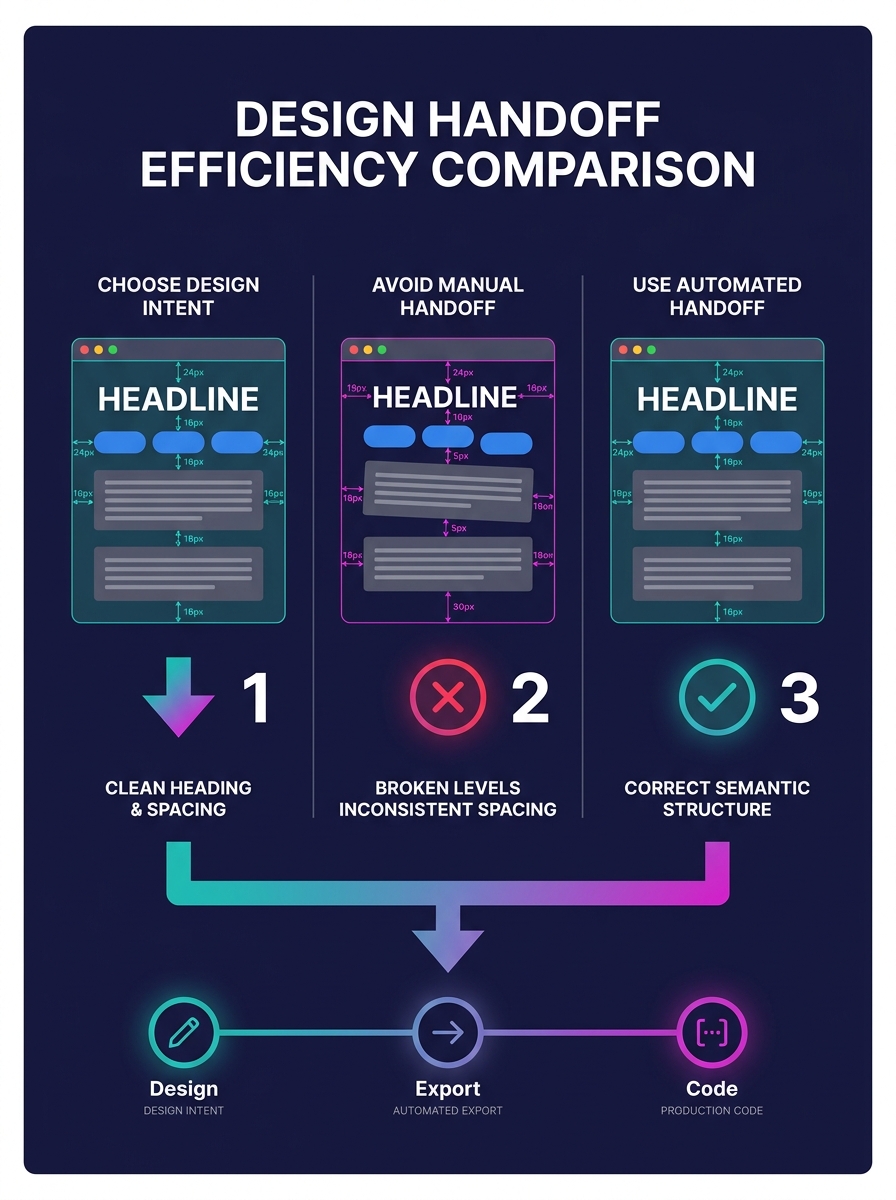 Infographic showing three columns — "Designer Intent" on the left with clean heading hierarchy and spacing tokens, "Manual Handoff" in the middle with broken heading levels and inconsistent spacing, a