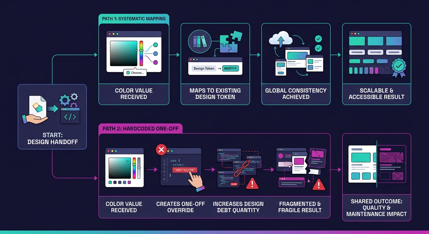 Flowchart showing two parallel paths from a design handoff - one where a color value is properly mapped to an existing token in the system, and another where the same value is hardcoded as a one-off o