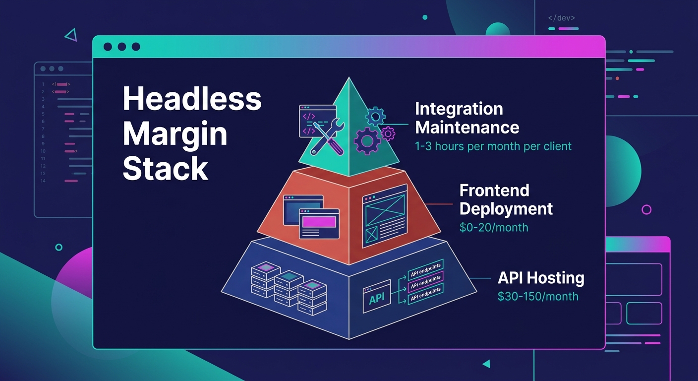 A three-layer pyramid diagram showing the Headless Margin Stack framework with API Hosting at the base labeled $30-150/month, Frontend Deployment in the middle labeled $0-20/month, and Integration Mai