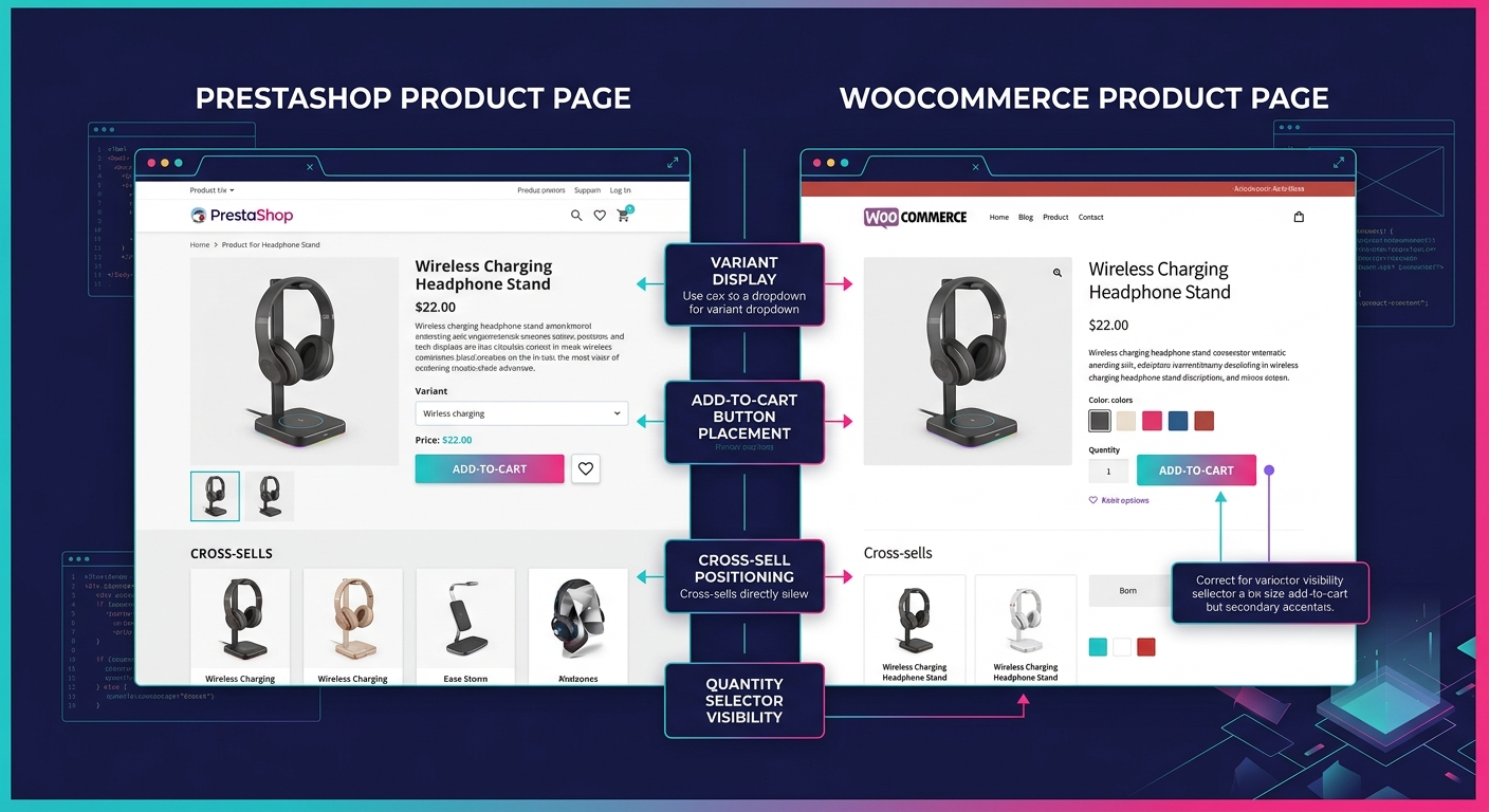 Side-by-side comparison of a PrestaShop product page and a WooCommerce product page showing the same product, highlighting differences in variant display, add-to-cart button placement, cross-sell posi