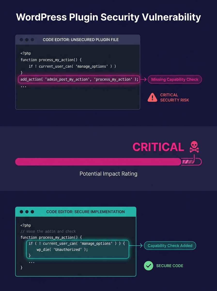 Code editor showing WordPress plugin security vulnerability with missing capability checks highlighted