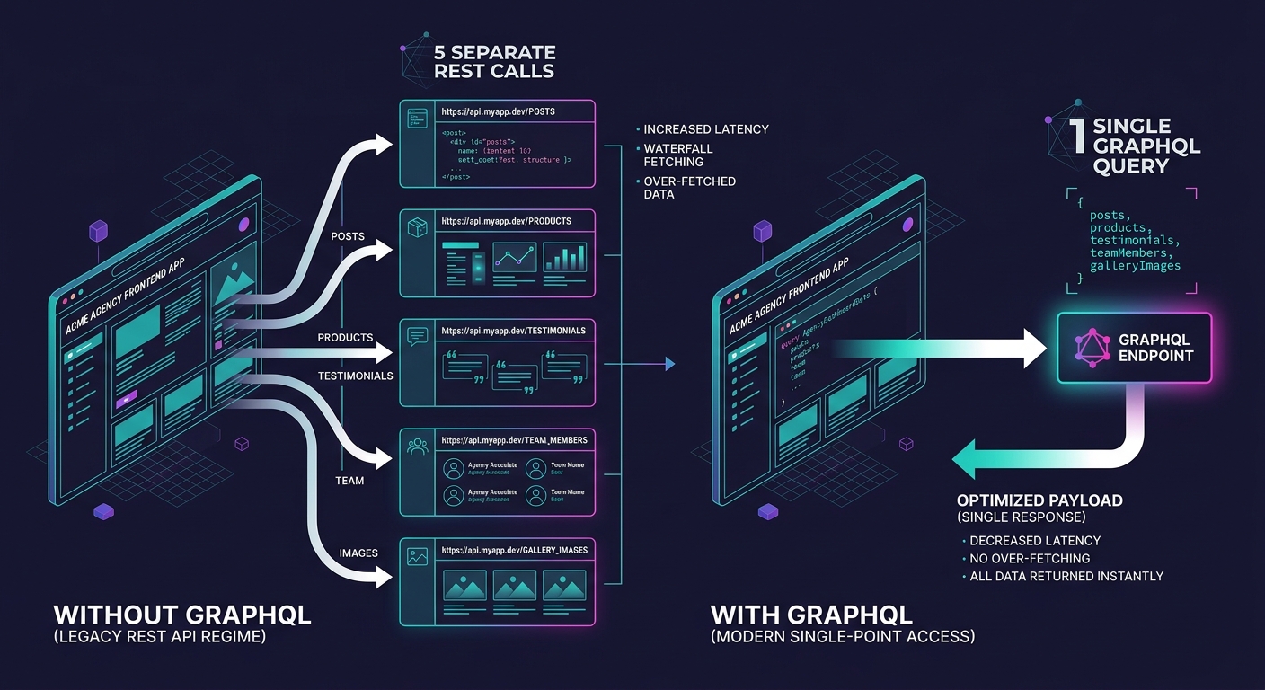 Diagram showing a single GraphQL query replacing multiple REST API calls, with arrows from a frontend application to one GraphQL endpoint versus five separate REST endpoints, each labeled with the con