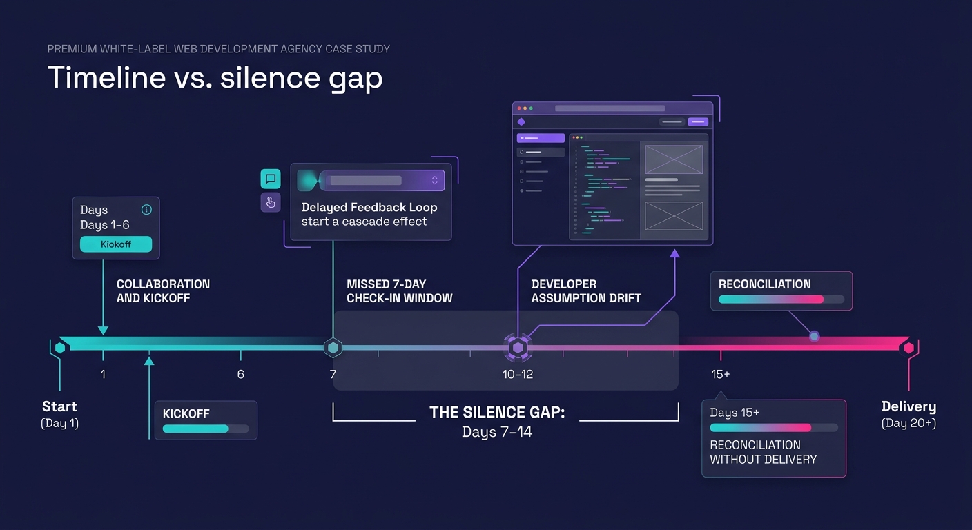 timeline diagram showing the silence gap between days 7 and 14, with markers for developer assumption drift, delayed feedback loops, and the missed 7-day check-in window