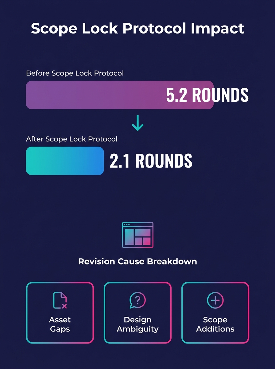A horizontal bar chart comparing average revision rounds per project before and after scope lock protocol implementation, showing 5.2 rounds dropping to 2.1 rounds, with a breakdown of revision causes