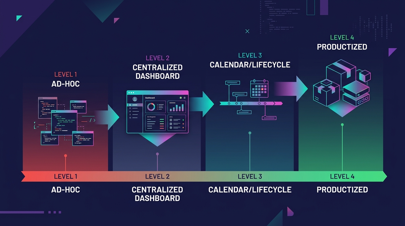 A horizontal progression diagram showing four maturity levels from left (Level 1: Ad-Hoc) to right (Level 4: Productized), with icons representing scattered code snippets at Level 1, a centralized das