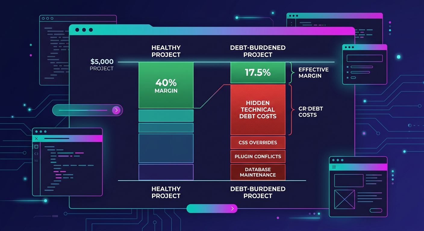 A stacked bar chart comparing a healthy $5,000 white-label WordPress project showing 40% margin versus a debt-burdened project showing 17.5% effective margin, with the difference highlighted as hidden