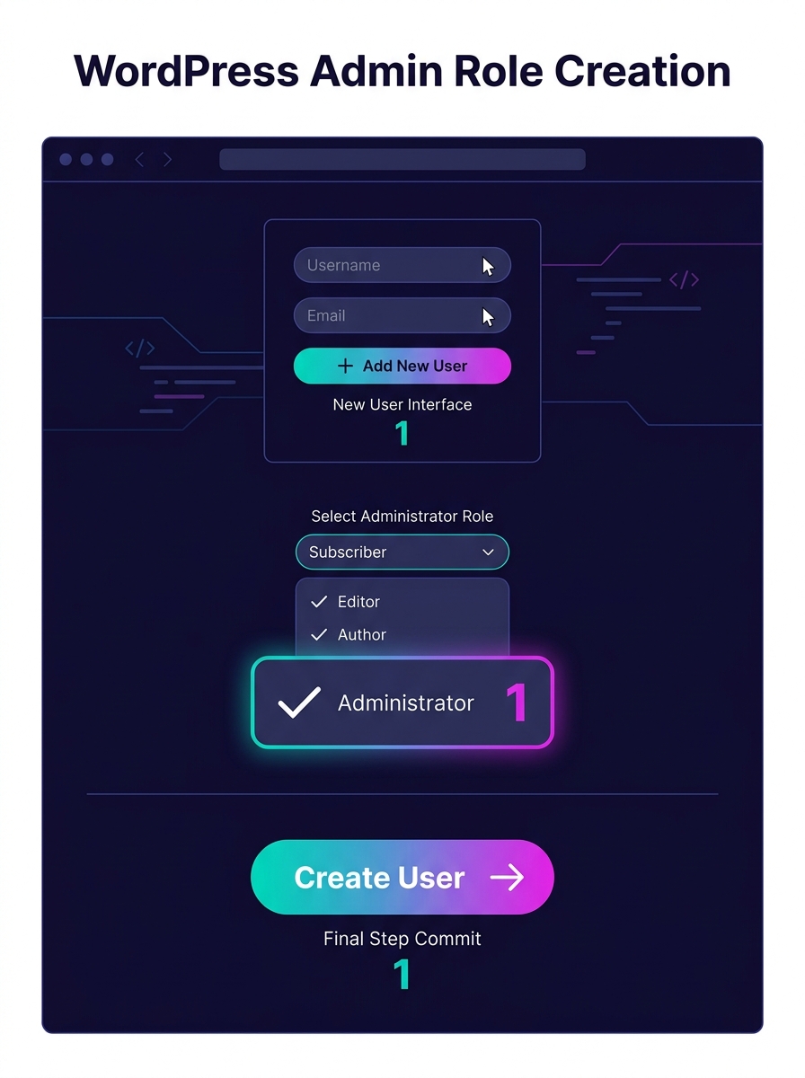 WordPress admin dashboard showing user account creation interface with administrator role highlighted