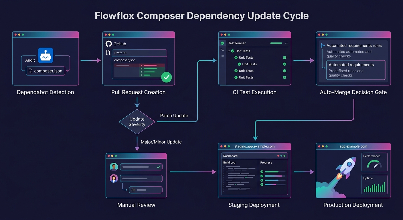 A step-by-step flowchart showing the automated Composer dependency update cycle — from Dependabot detection, through pull request creation, CI test execution, auto-merge decision gate, staging deploym