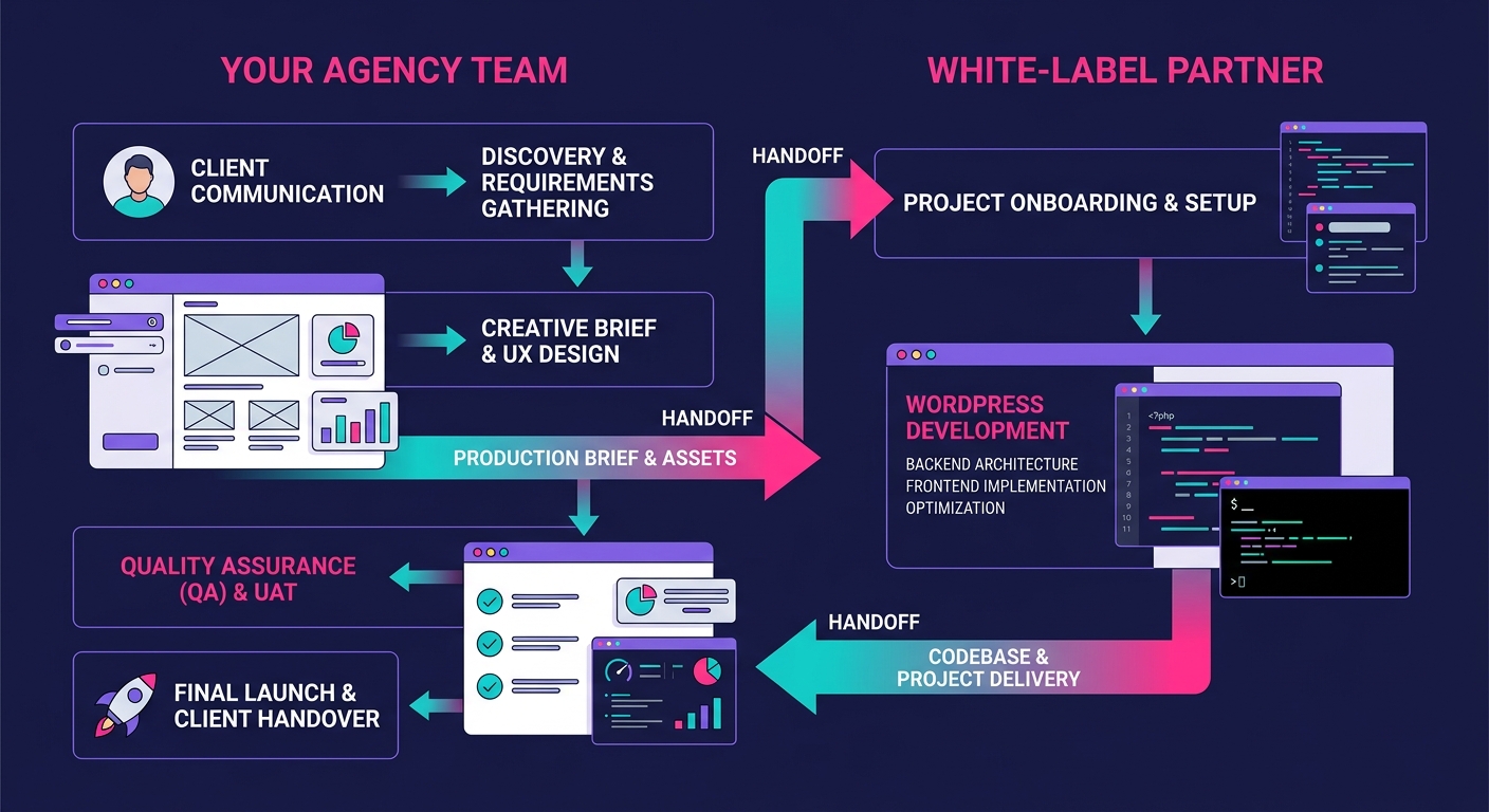 diagram showing agency workflow where internal team handles client communication, strategy, and QA while white-label partner handles WordPress development, with arrows showing the handoff points betwe