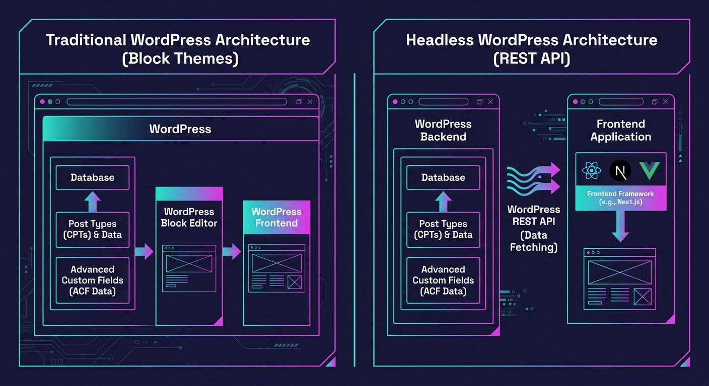 Side-by-side comparison diagram showing a traditional WordPress architecture with block themes rendering pages versus a headless WordPress architecture with the REST API feeding data to a separate fro