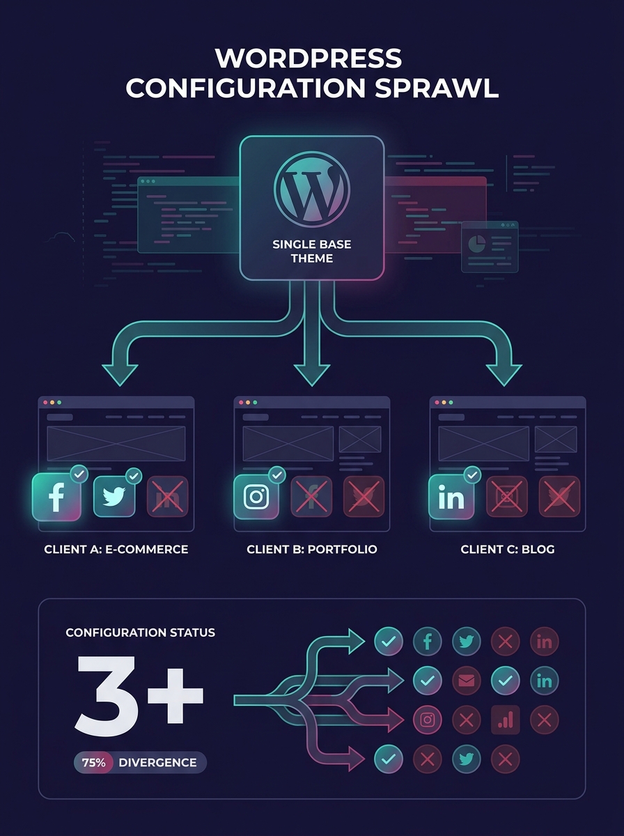 A sprawling diagram showing multiple WordPress client sites branching off a single base theme, each with different social media features highlighted or crossed out, illustrating configuration sprawl