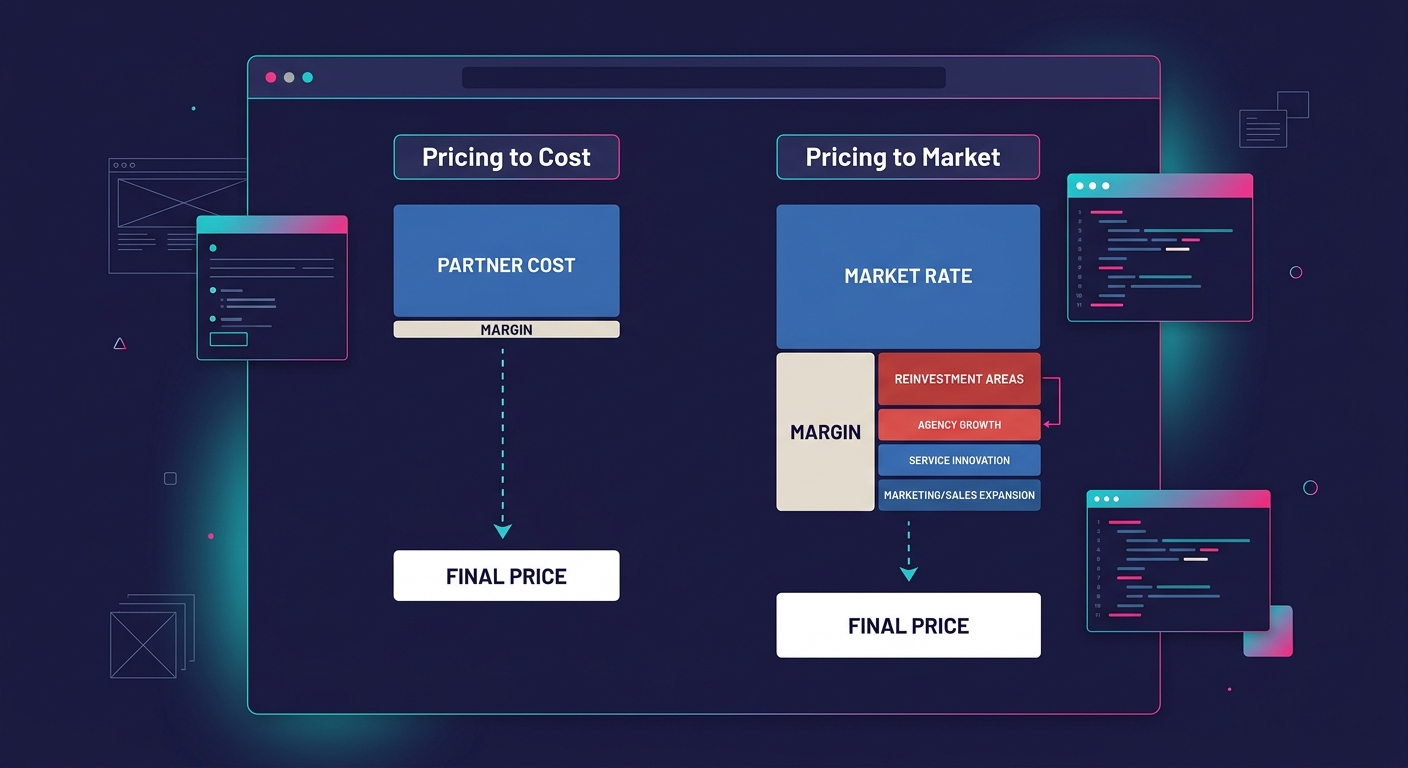 A visual diagram showing the concept of "pricing to market vs. pricing to cost" — two parallel pricing waterfalls, one anchored to partner cost with a thin margin band, and one anchored to market rate