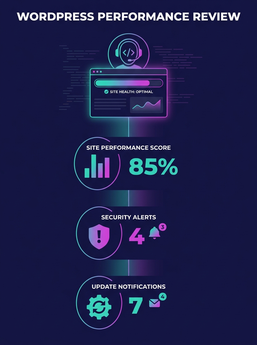 WordPress developer reviewing site performance dashboard with security alerts and update notifications