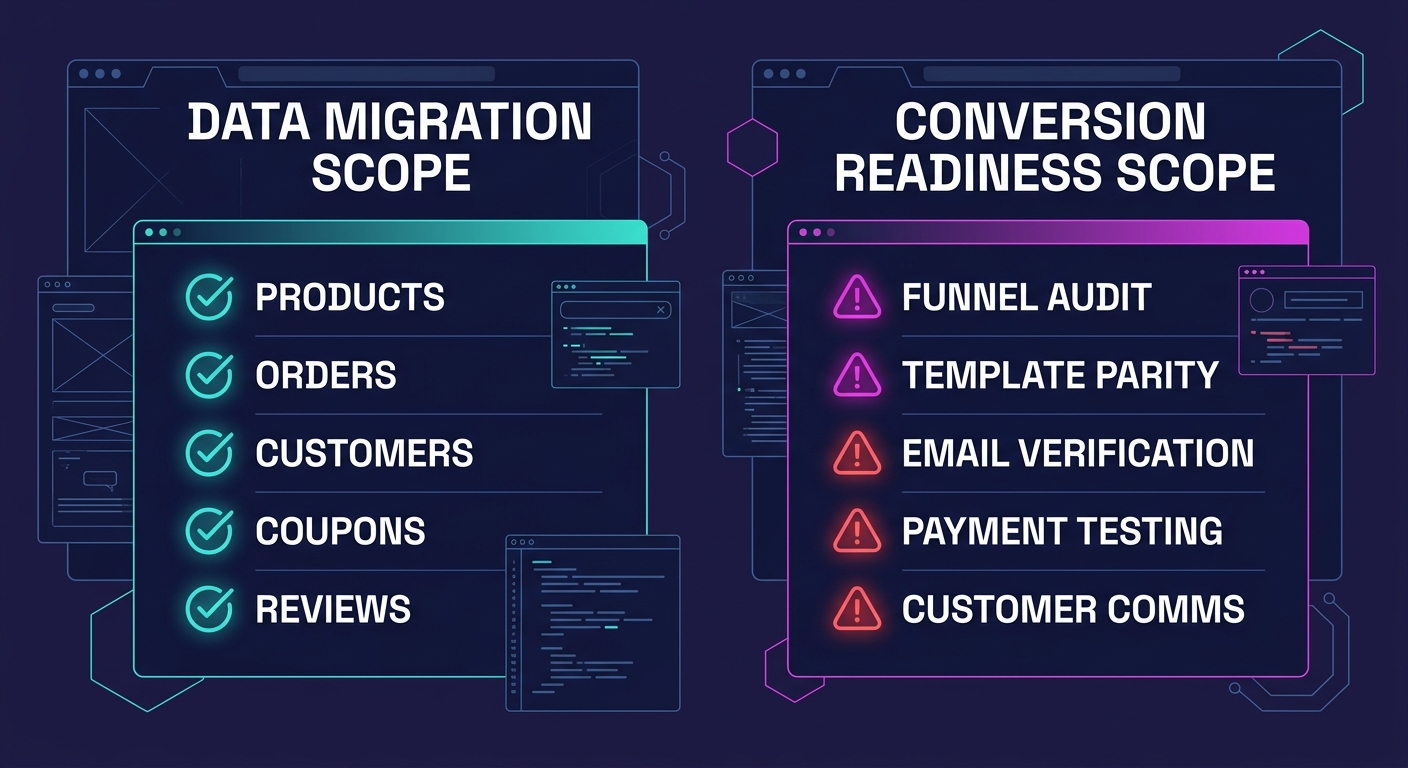 A checklist-style visual showing "Data Migration Scope" items on the left (products, orders, customers, coupons, reviews) with checkmarks, and "Conversion Readiness Scope" items on the right (funnel a