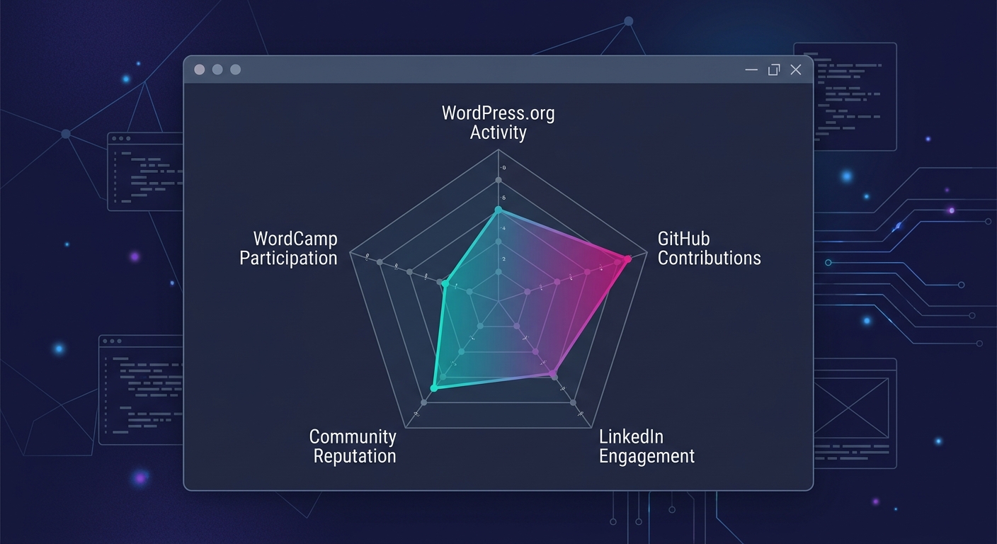 A radar chart showing five social signal scoring dimensions for a white-label partner, with axes for WordPress.org activity, GitHub contributions, LinkedIn engagement, community reputation, and WordCa