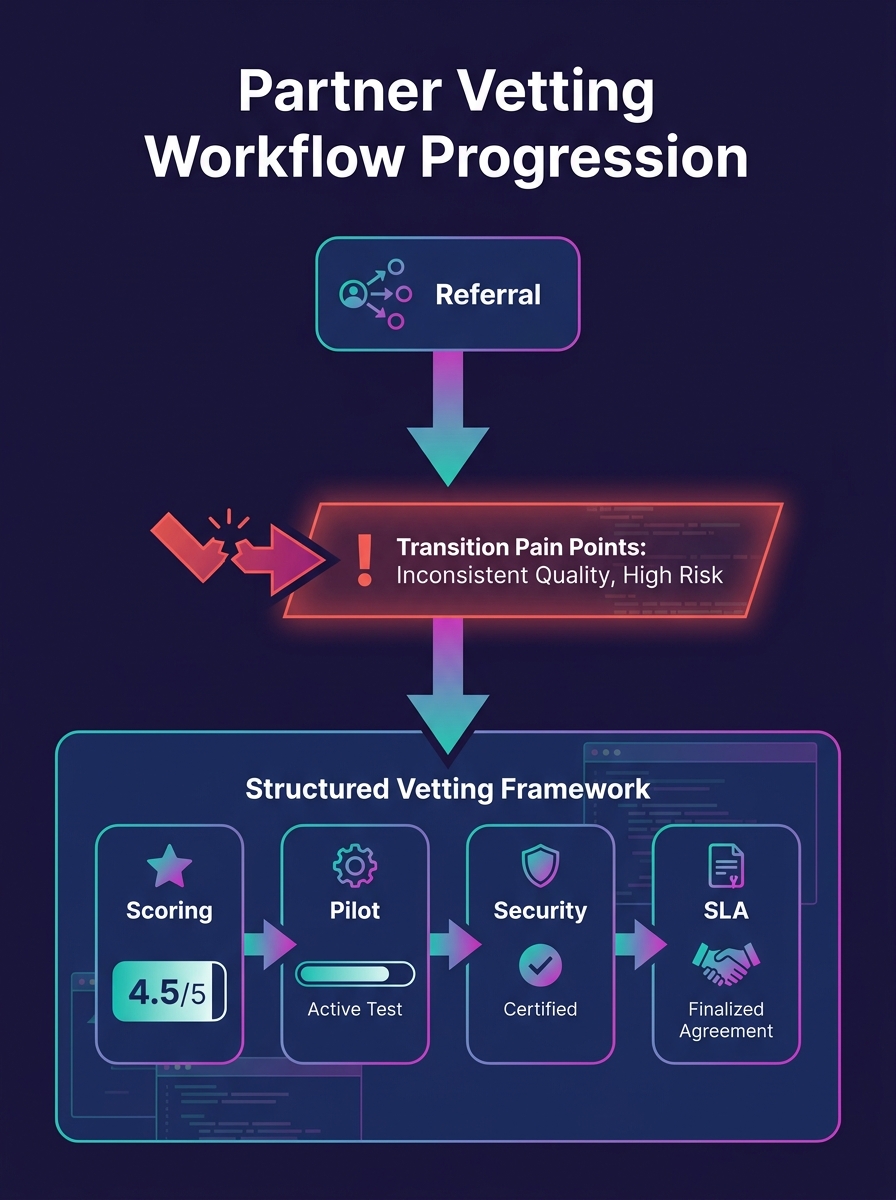 A workflow diagram showing the progression from informal referral-based partner selection to a structured vetting framework, with stages labeled as Referral, Scoring, Pilot, Security, and SLA, with pa