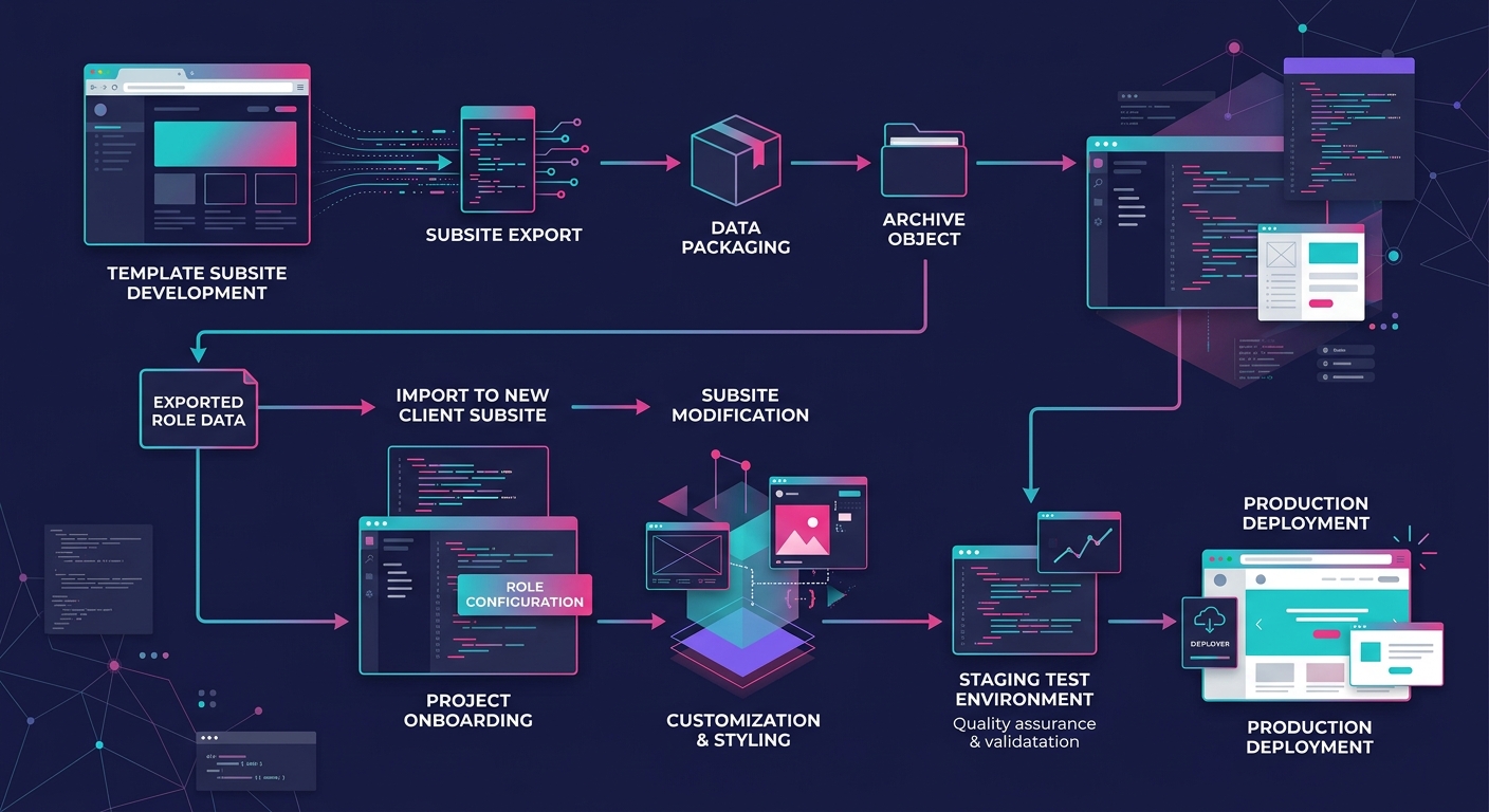 flowchart showing the role propagation process from template subsite through export, import to new client subsite, modification, staging test, and production deployment