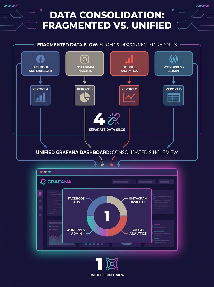 Infographic showing fragmented data flow from Facebook Ads Manager, Instagram Insights, Google Analytics, and WordPress admin each pointing to separate reports, versus a unified Grafana dashboard cons