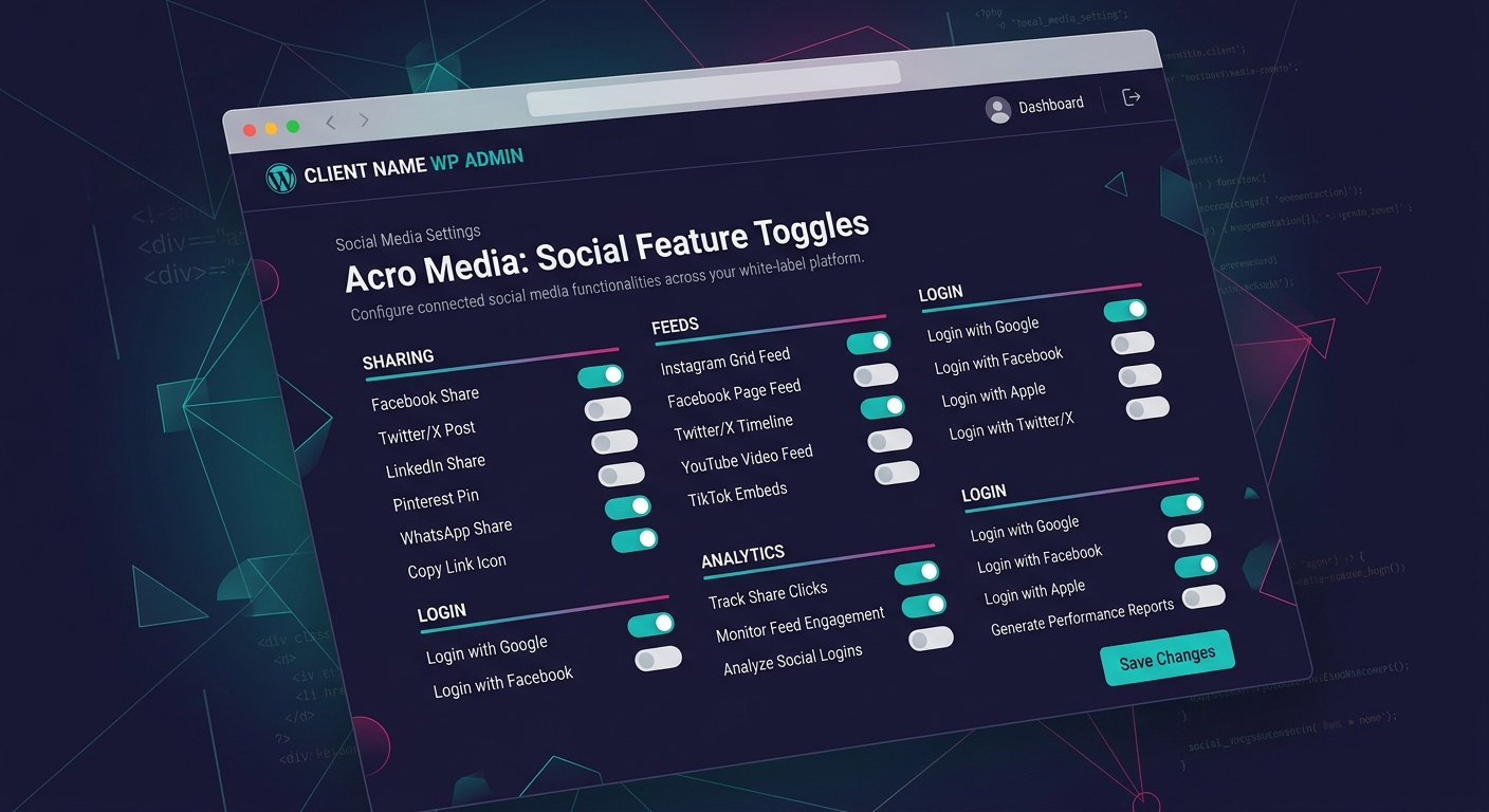 A WordPress admin settings page mockup showing a clean list of social media feature toggles with on/off switches, organized by category (Sharing, Feeds, Login, Analytics), with client name displayed a