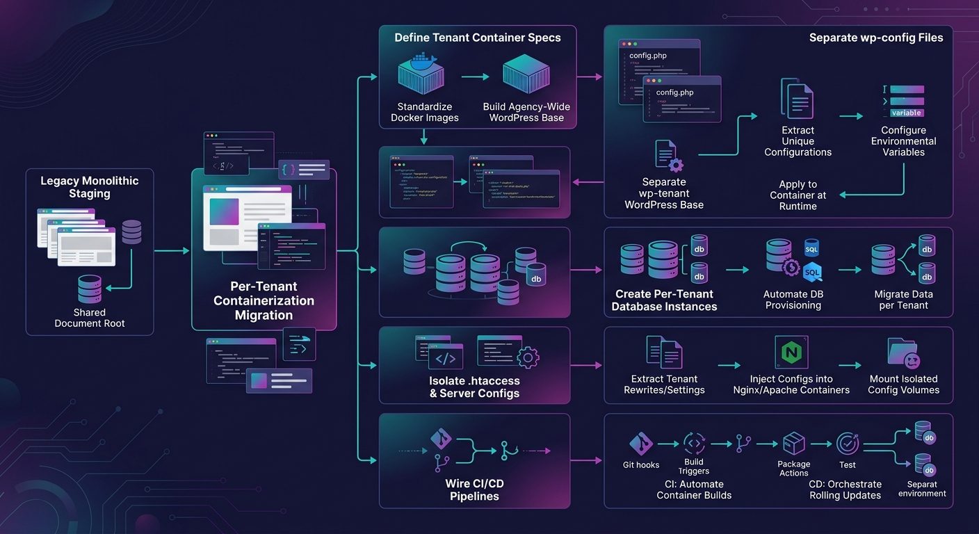 flowchart showing the migration path from a shared document root staging setup to per-tenant Docker containers, with steps for separating wp-config files, creating per-tenant database instances, isola