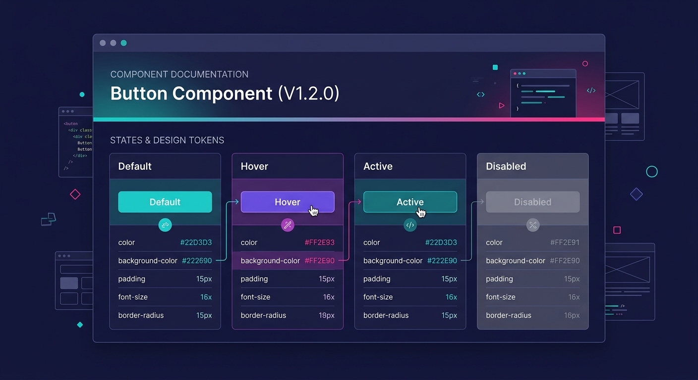 Screenshot-style illustration of auto-generated component documentation showing a button component with four states (default, hover, active, disabled), each displaying its associated design tokens for