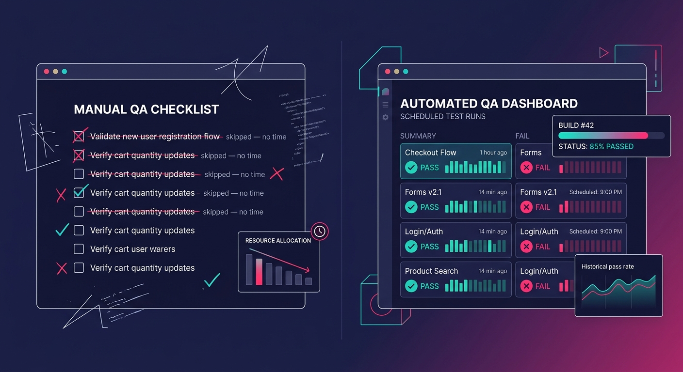 A side-by-side comparison showing a manual QA checklist on the left with items crossed out and marked "skipped — no time" alongside an automated QA dashboard on the right displaying scheduled test run
