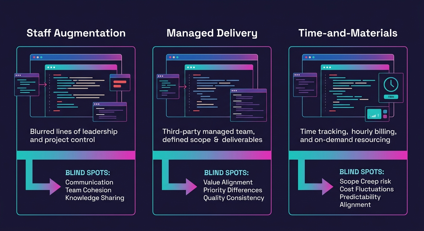 a side-by-side comparison diagram of three outsourcing models (staff augmentation, managed delivery, and time-and-materials) with arrows showing where accountability blind spots emerge in each model