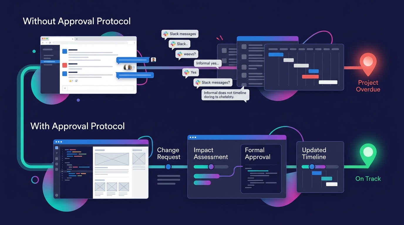 A diagram showing two parallel paths — one labeled "Without Approval Protocol" showing a cascading series of Slack messages, informal yeses, and timeline delays ending in a red "Project Overdue" marke