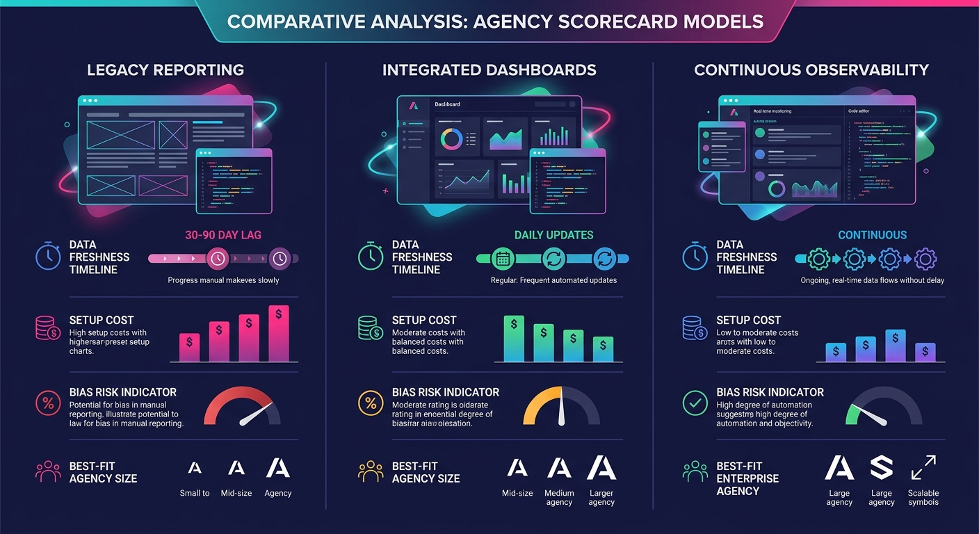 An infographic comparing three scorecard models in three columns, showing data freshness timelines (30-90 day lag vs. daily updates vs. continuous), setup cost bars, bias risk indicators, and icons re
