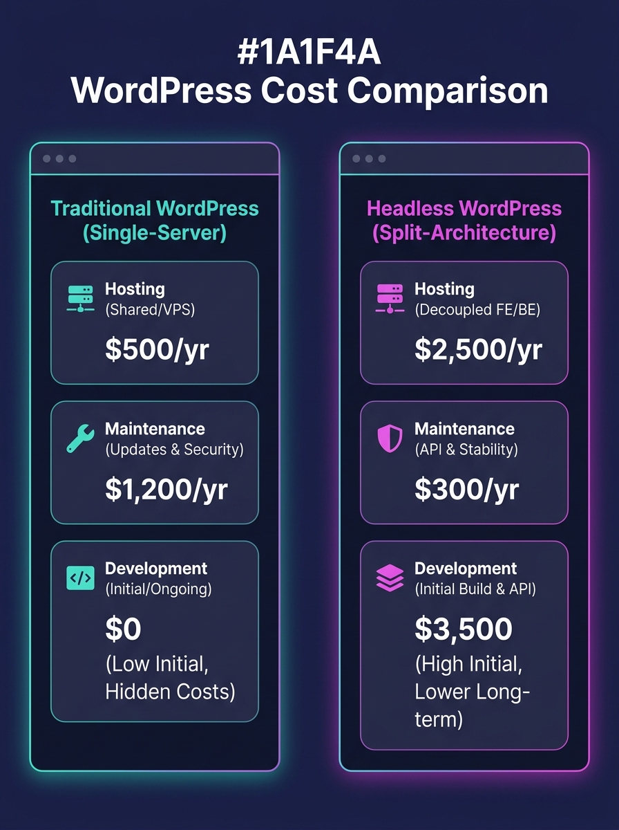 Infographic comparing traditional WordPress single-server architecture costs versus headless WordPress split-architecture costs, showing two side-by-side cost breakdowns with hosting, maintenance, and
