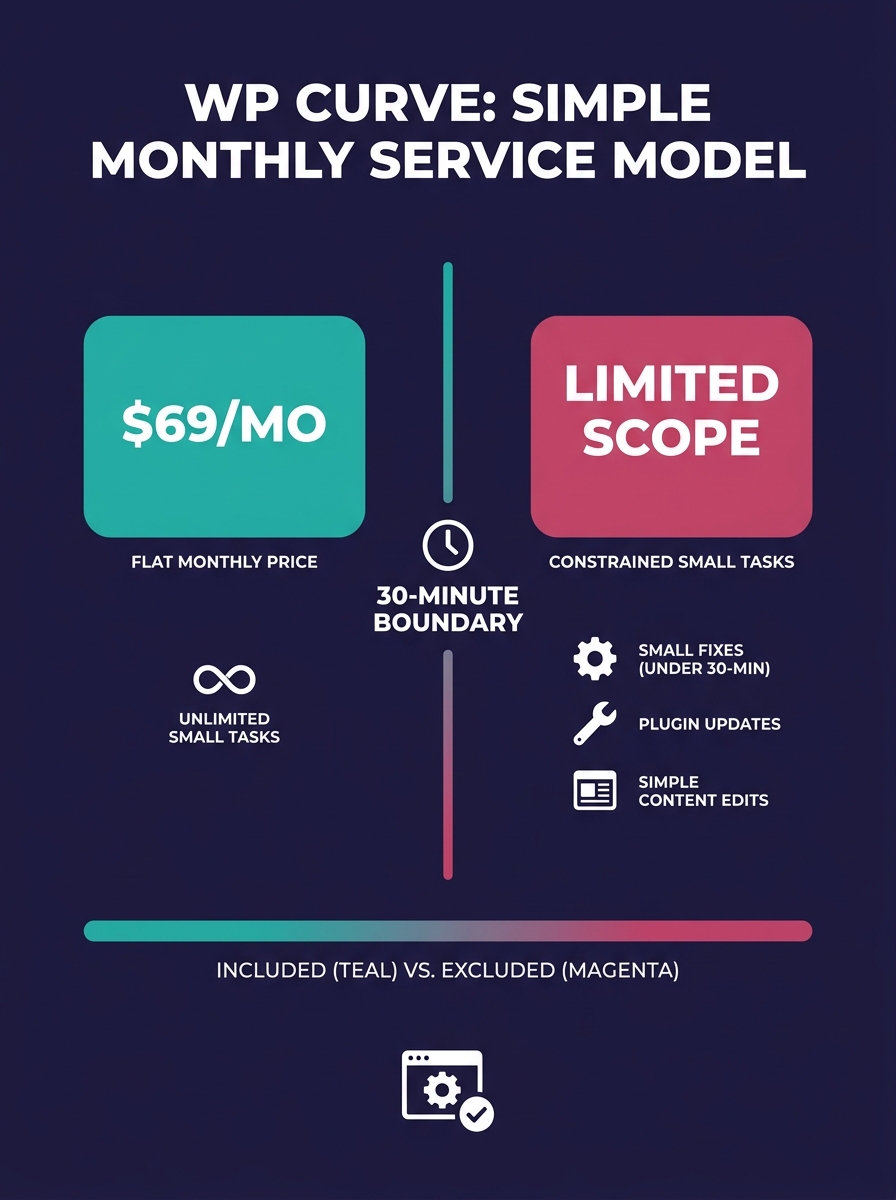 A simple diagram showing WP Curve's service model — a flat monthly price on one side, a list of constrained small tasks on the other, with a clear 30-minute boundary line separating included vs. exclu