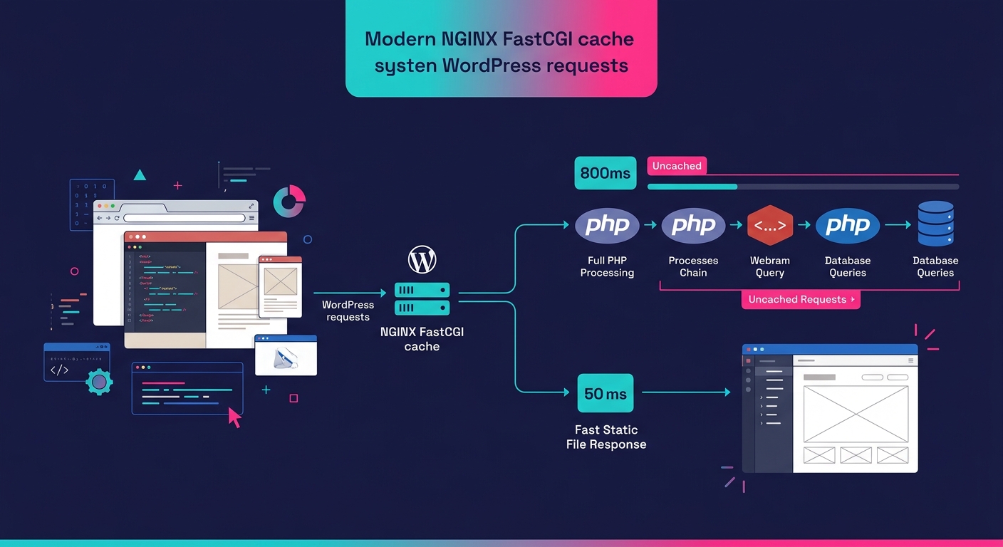 A flow diagram showing how NGINX FastCGI cache intercepts WordPress requests, with two paths diverging from the web server: one showing the full PHP processing chain with database queries taking 800 m