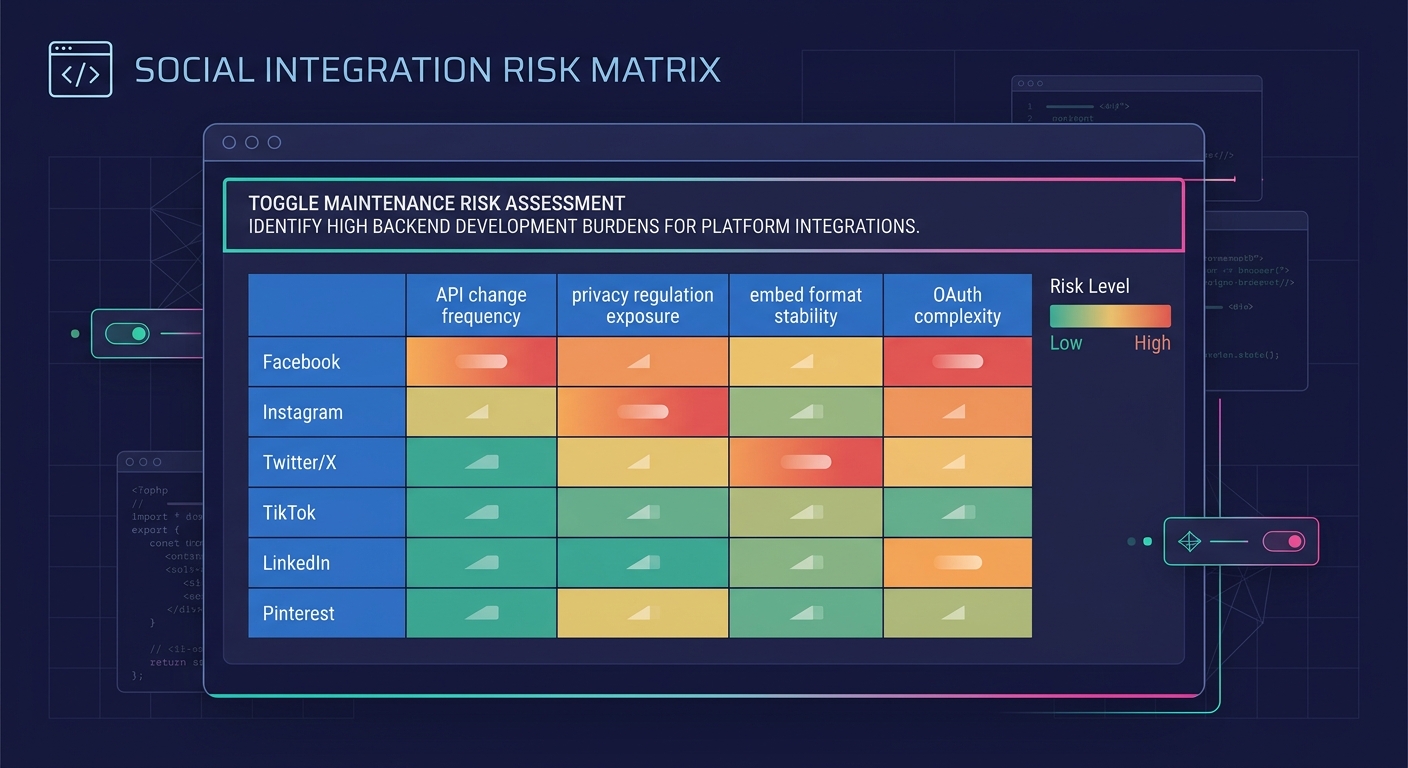 A risk matrix chart with social media platform integrations listed vertically (Facebook, Instagram, Twitter/X, TikTok, LinkedIn, Pinterest) and risk factors horizontally (API change frequency, privacy