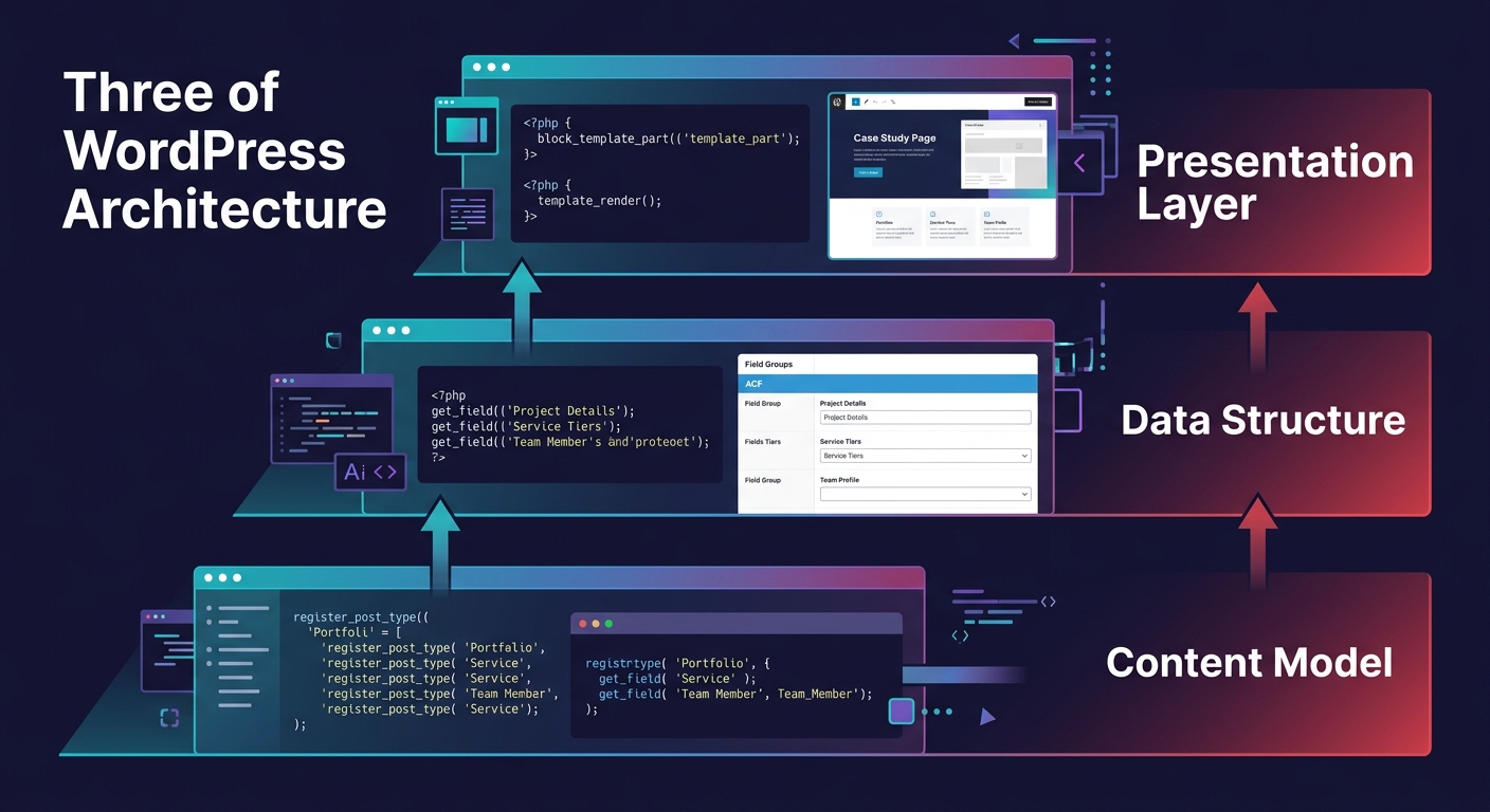 Infographic showing three horizontal layers of WordPress architecture — custom post types at the bottom labeled 'Content Model', ACF fields in the middle labeled 'Data Structure', and block theme temp