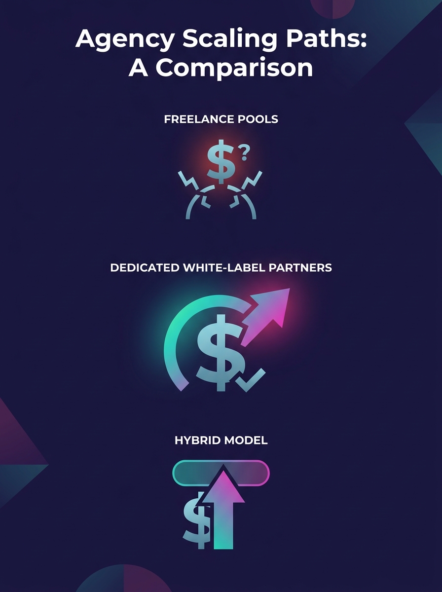 infographic comparing three agency scaling paths—freelance pools, dedicated white-label partners, and hybrid model—across three axes: cost predictability, quality consistency, and scale ceiling, with