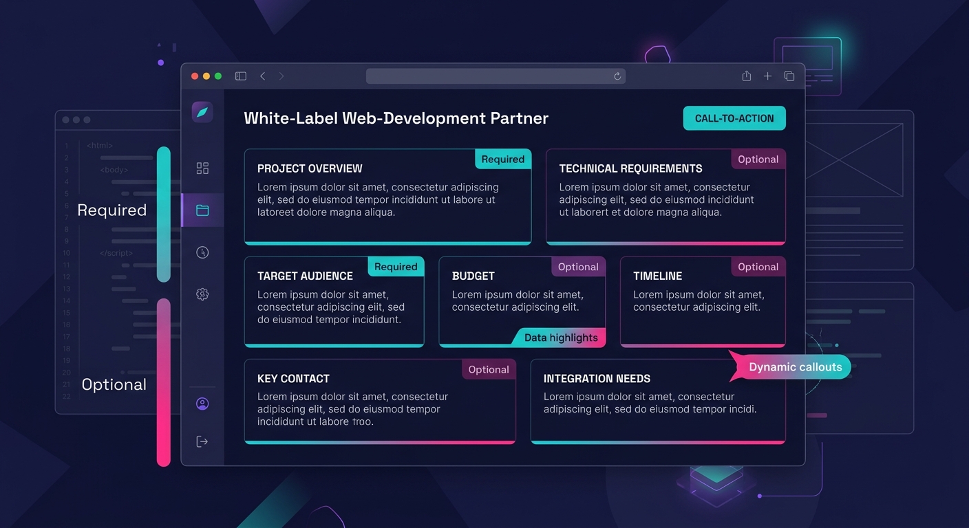 A clean template mockup showing seven labeled fields of a white-label partner brief arranged in a structured card-style form layout, with placeholder text visible in each field and a brand color sideb