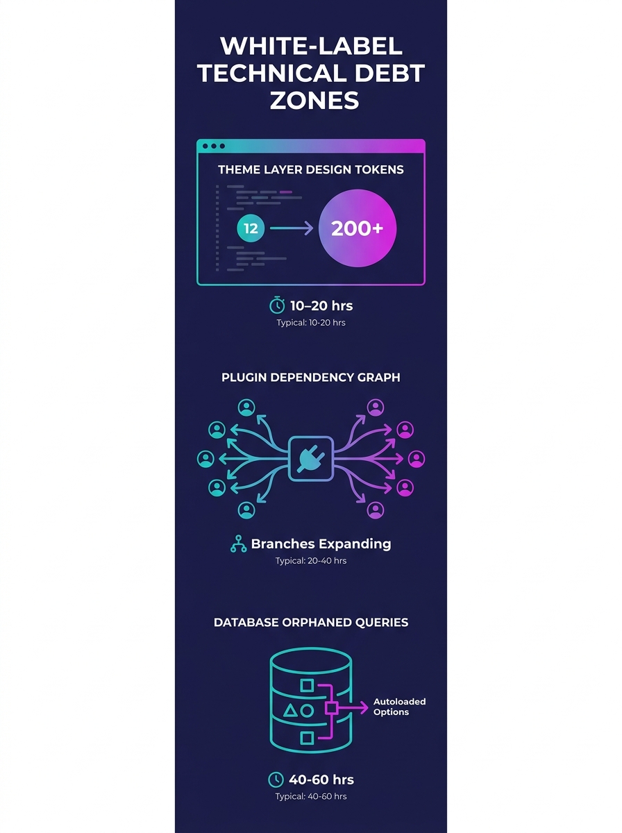 Infographic showing three zones of technical debt concentration in white-label WordPress architecture—theme layer with expanding design token count from 12 to 200+, plugin dependency graph branching o