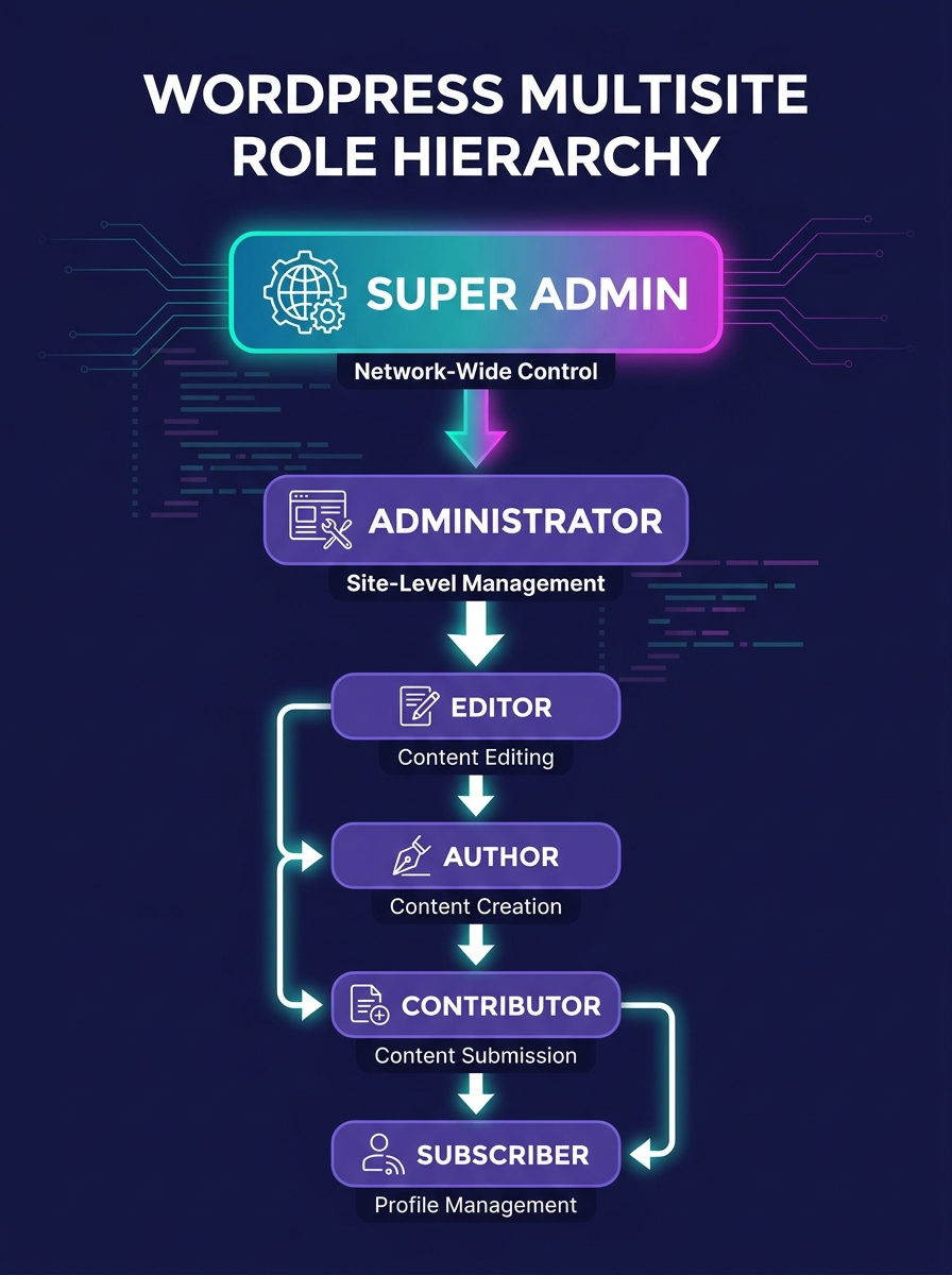 diagram showing WordPress Multisite's default role hierarchy flowing from Super Admin down through Administrator, Editor, Author, Contributor, and Subscriber, with arrows indicating network-wide scope