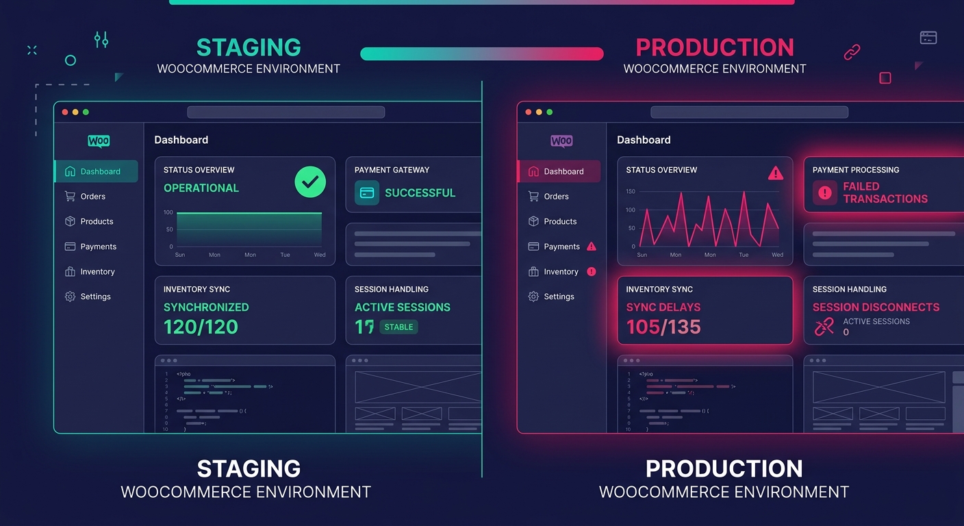 A split-screen comparison showing a staging WooCommerce environment on the left with green status indicators and a production WooCommerce environment on the right with intermittent failures highlighte
