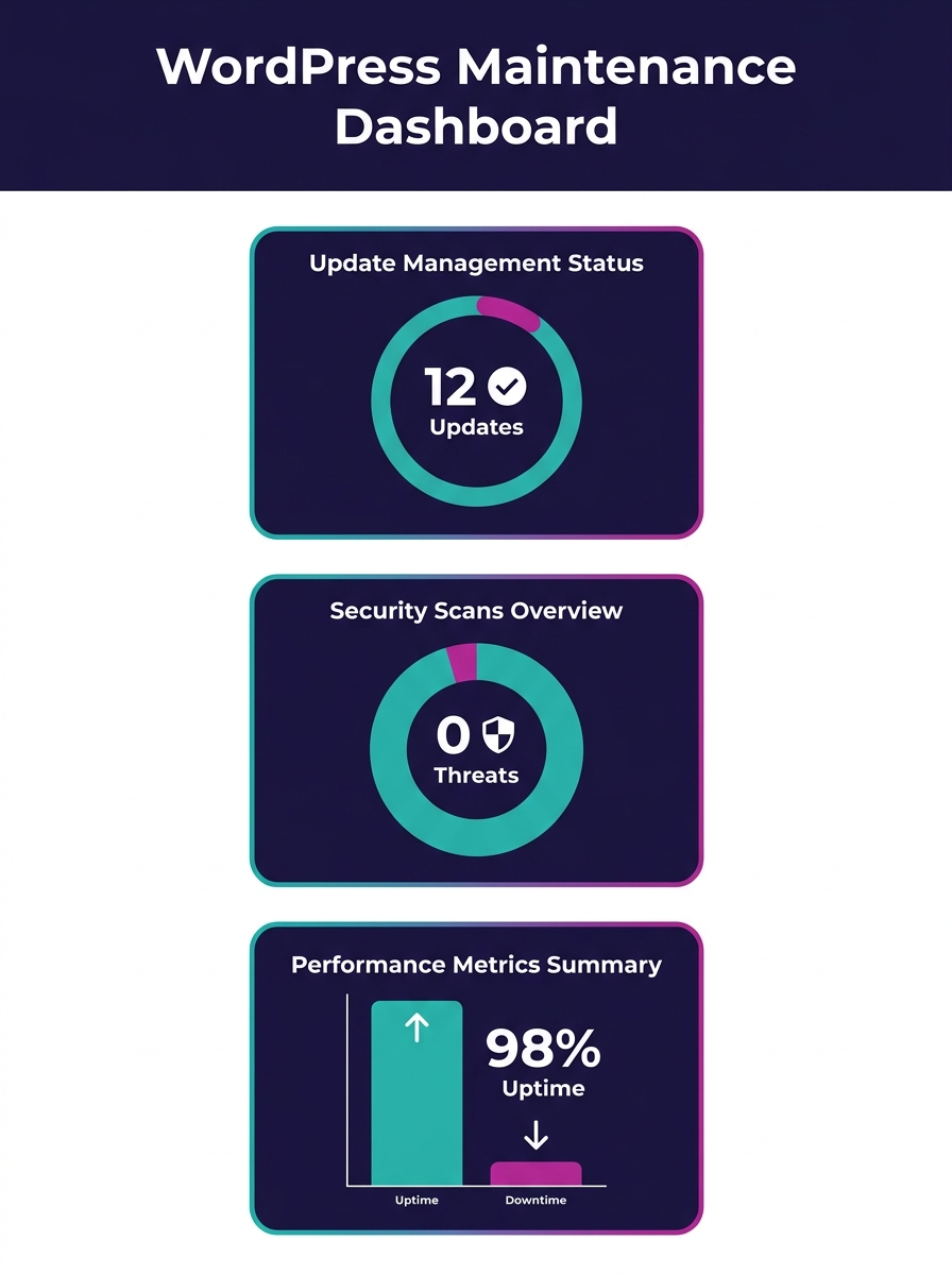 WordPress maintenance dashboard showing update management, security scans, and performance metrics under agency branding