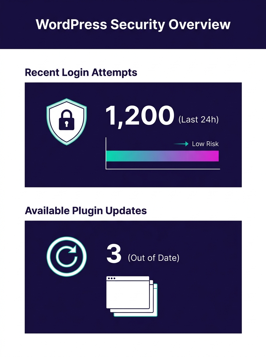 WordPress security dashboard showing login attempt monitoring and plugin update notifications