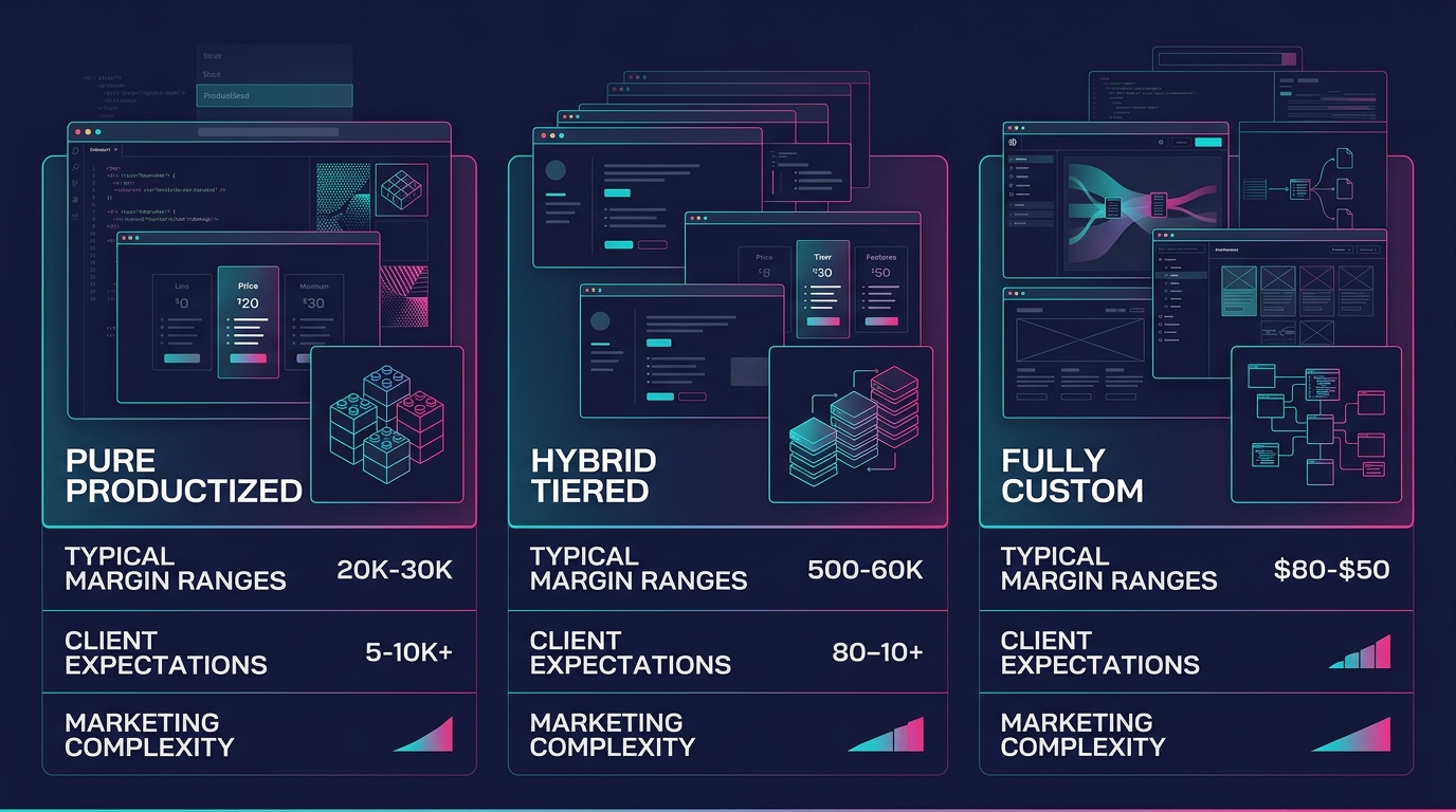 A visual spectrum showing three service packaging models for WordPress agencies — pure productized on the left, hybrid tiered in the middle, and fully custom on the right, with labels showing typical 