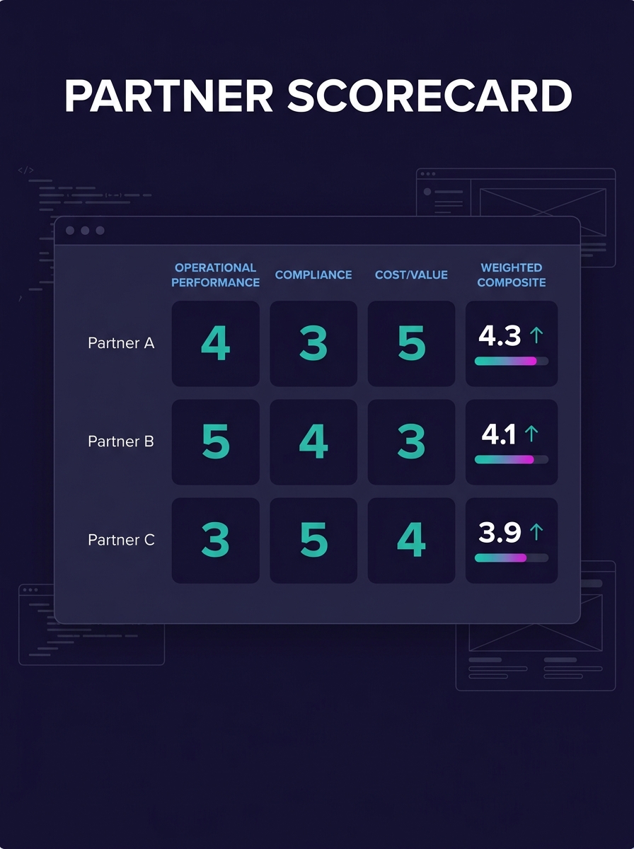 A simple spreadsheet-style scorecard showing three columns for operational performance, compliance, and cost/value, with sample 1-5 scores for three different white-label partners and a weighted compo