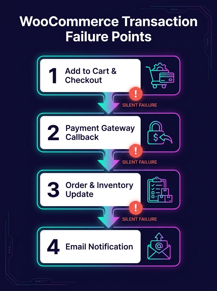 A flowchart showing the different failure points in a WooCommerce transaction flow — from cart addition through checkout, payment gateway callback, order creation, inventory update, and email notifica