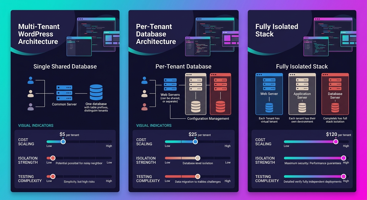 infographic comparing three multi-tenant WordPress architecture models side by side, showing the single shared database model, the per-tenant database model, and the fully isolated stack model, with v